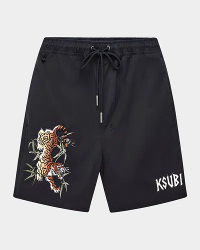 Ksubi Stay Up Embroidered Logo Cotton Fleece Shorts In Black