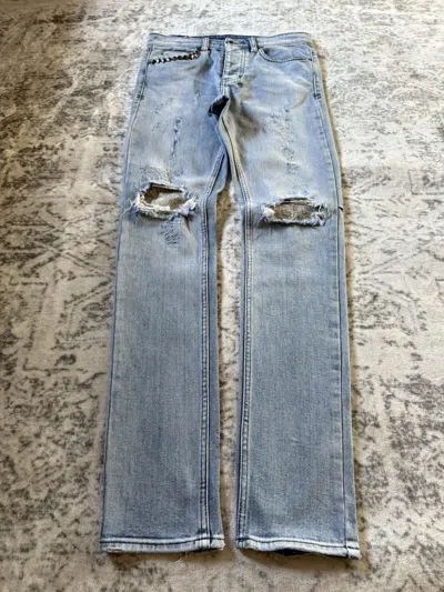 Pre-owned Ksubi Studded Phython Snake Repaired Distressed Skinny Jeans In Blue
