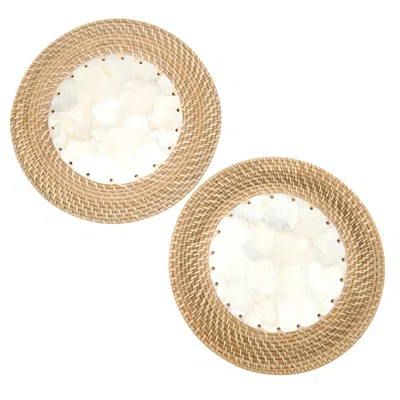 Kubo Neutrals / White / Brown Capiz Shell Placemats With Natural Rattan, Set Of 2