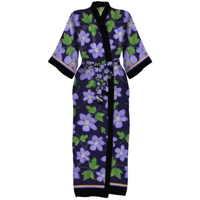 Kueen Women's Yellow / Orange / Green Silk Kimono - Spring Flowers - Blue In Purple