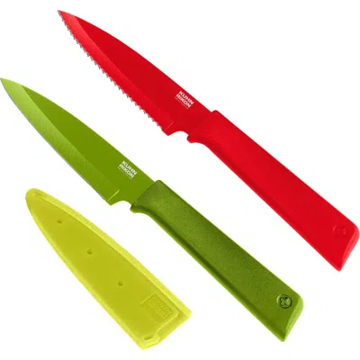 Kuhn Rikon Non-stick Straight And Serrated Paring Knives With Safety Sheaths, Set Of 2 In Multi