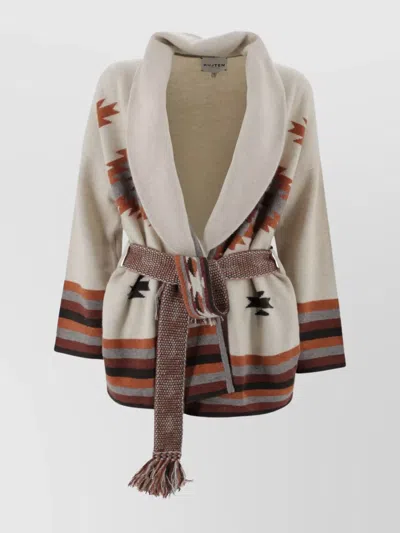 Kujten Belted Geometric Knitwear Shawl Collar In Multi