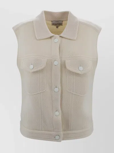 Kujten Cashmere Sleeveless Jacket Contrast Stitching In Neutral