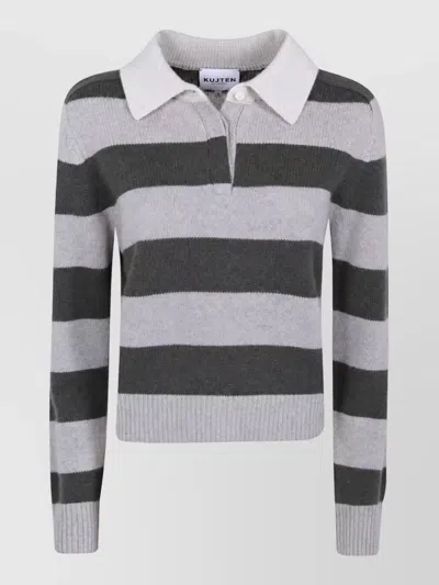 Kujten Cashmere Striped Polo Neck Sweater In Neutral
