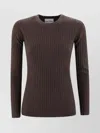 Kujten Crew Neck Cashmere Sweater With Vertical Ribs In Brown