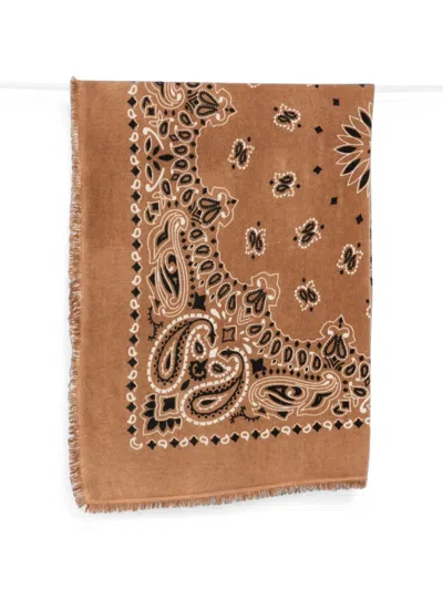 Kujten Hachiko Bico Paisley-print Frayed Scarf In Brown