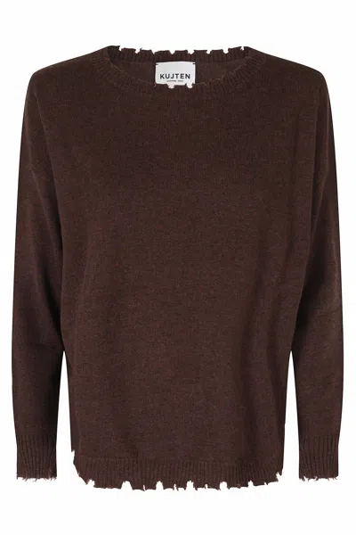 Kujten Mela Brown Fringed Crewneck Cashmere Sweater
