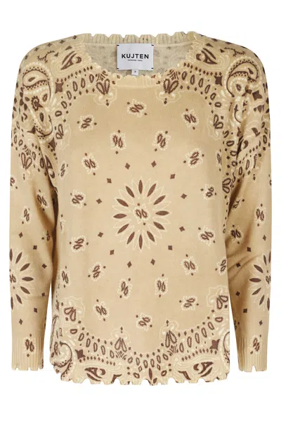 Kujten Milk Anise Bandana Print Cashmere Sweater In Beige