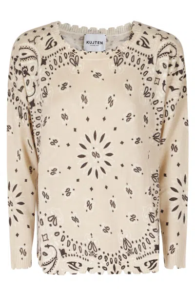 Kujten Organic Brown Bandana Print Cashmere Sweater In Multi