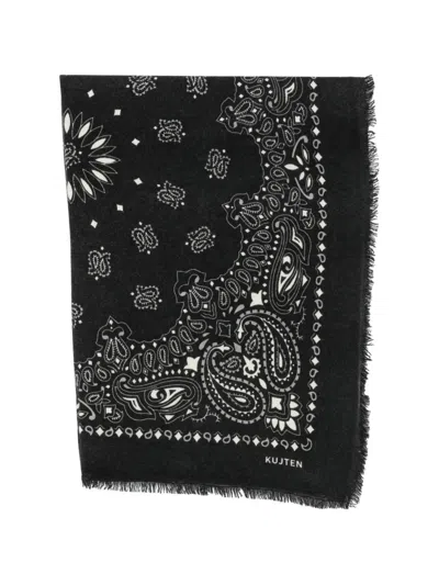 Kujten Paisley-pattern Frayed Scarf In Black