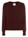 Kujten V-neck Long Sleeve Knitwear With Ribbed Cuffs And Hem In Burgundy