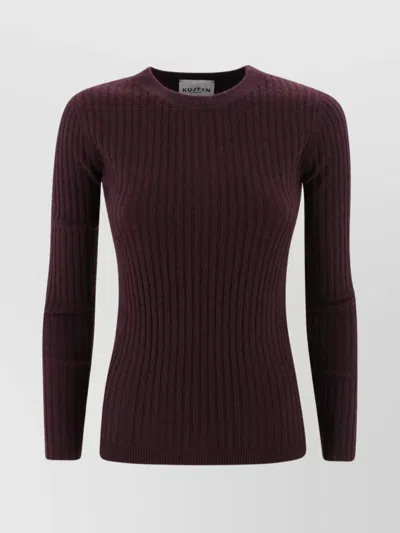 Kujten Vertical Ribbed Cashmere Crew Neck Sweater In Brown