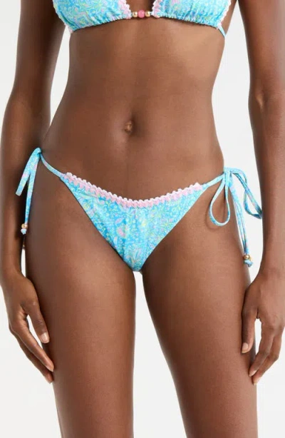 Kulani Kinis Blanket Stitch Embroidery Trim Tie Side Bikini Bottoms In Blue