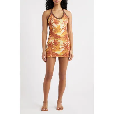 Kulani Kinis Dip Halter Cotton Rib Mini Sundress In Brown