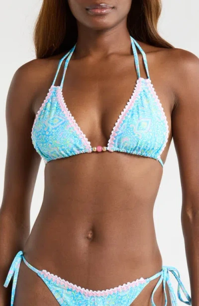 Kulani Kinis Embroidered & Crochet Trim Bikini Top In Blue
