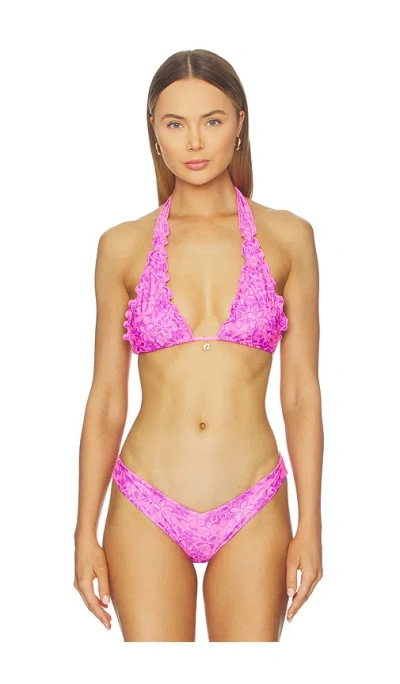 Kulani Kinis Lettuce Edge Halter Bikini Top In Pink