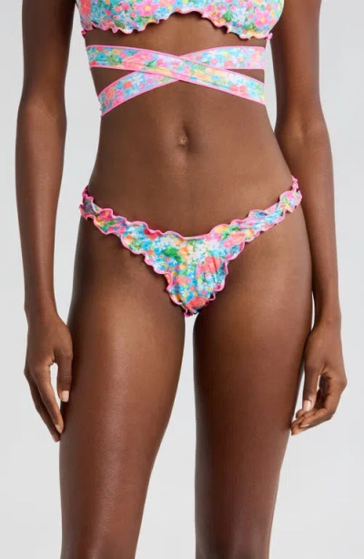 Kulani Kinis Lettuce Trim Thong Bikini Bottoms In Patterned Blue