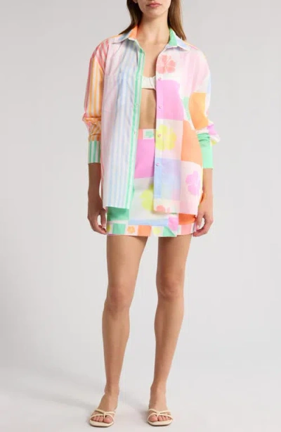 Kulani Kinis Long Sleeve Cover-up Beach Shirt In Hibiscus Rainbow