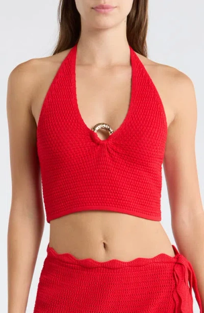 Kulani Kinis Ring Knit Halter Cover-up Crop Top In Red