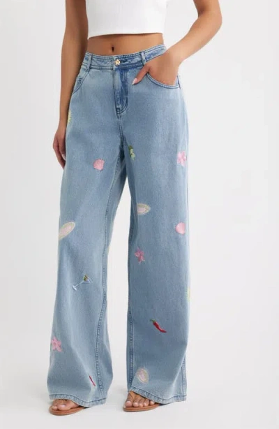 Kulani Kinis Sunshine Springs Embroidered Wide Leg Jeans In Blue