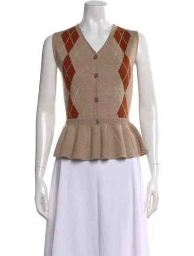 Pre-owned Kule Plaid Print V-neck Top In Brown