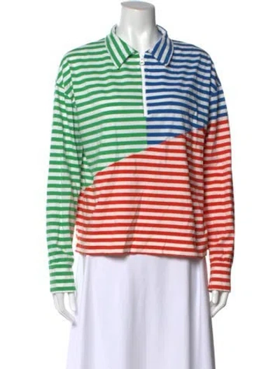 Pre-owned Kule Striped Long Sleeve Polo In Green