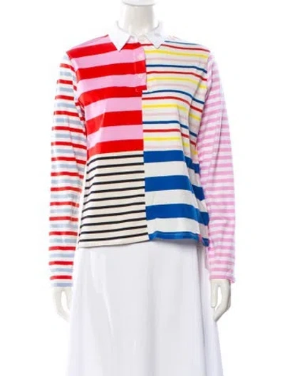 Pre-owned Kule Striped Long Sleeve Polo In White
