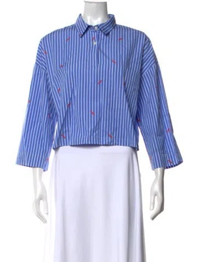 Pre-owned Kule Striped Three-quarter Sleeve Button-up Top In Blue/white