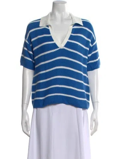 Pre-owned Kule Striped V-neck Polo In Blue