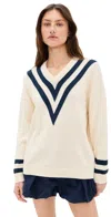 Kule Anchor V Neck Sweater In Cream/navy