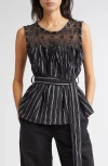 Kúr Bobbin Lace Yoke Stripe Belted Top In Multi