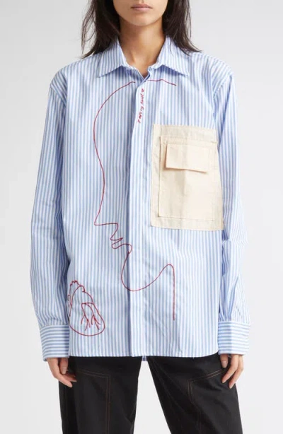 Kúr I Left My Heart Hand-embroidered Stripe Button-up Shirt In Blue