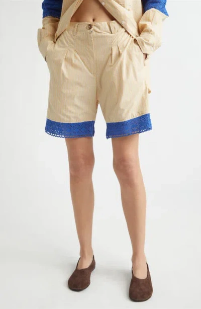Kúr Stripe Organic Cotton Shorts With Crochet Panels In Neutral