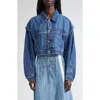 Kuro Power Shoulder Denim Crop Jacket In Blue