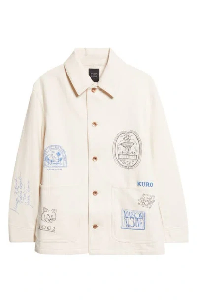 Kuro X Maison Kitsuné Hand Painted Postcard Denim Chore Jacket In Neutral
