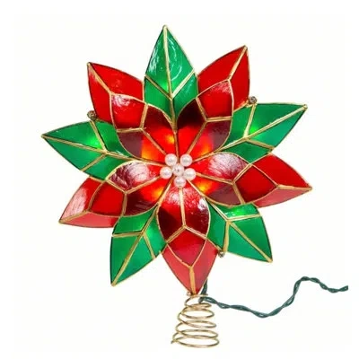 Kurt Adler 10-light Led Capiz Poinsettia Tree Topper, Red & Green, 9.5" In Multicolor