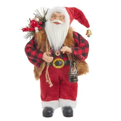 Kurt Adler 12-inch Standing Christmas Santa With Plaid Shirt, Sack And Lantern In Red