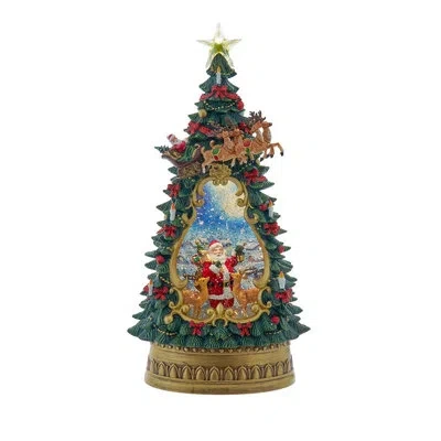 Kurt Adler 13.4-inch Battery Operated Usb Led Lighted Santa And Deer Tree Topper With Spinning Glitter Water In Green