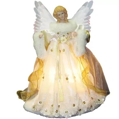 Kurt Adler 14" Ivory And Gold Fiber Optic Animated Angel Tree Topper In Multi