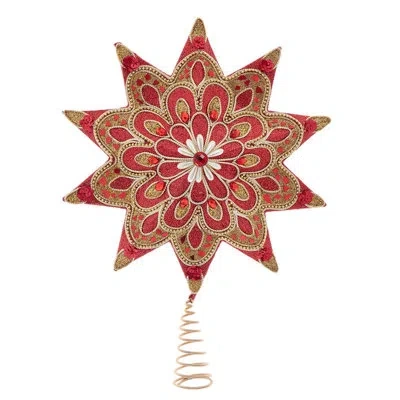 Kurt Adler 16-inch Un-lit Ruby Red And Gold Star Tree Topper Adorned With Pearl Accents