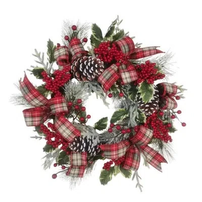 Kurt Adler 24-inch Flocked Decorated Unlit Rattan Wreath With Plaid Bow And Holly Berry In Red