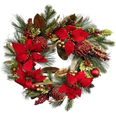 Kurt Adler 24-inch Unlit Gold And Red Poinsettia Wreath In Multicolored