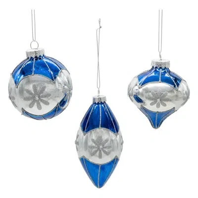 Kurt Adler 3 Piece Glass Snowflake Ball, Onion And Teardrop Shaped Hanging Figurine Ornament Set In Blue;white;silver