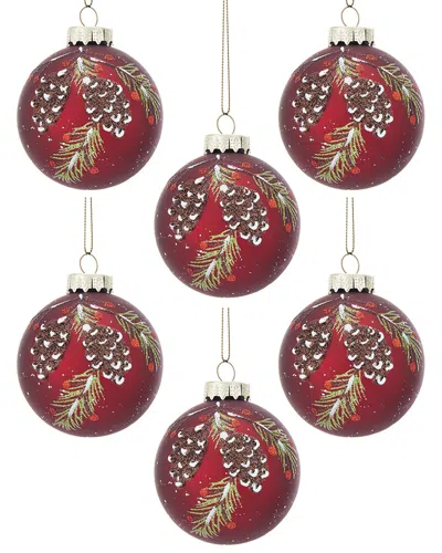 Kurt Adler 3in Red W/pinecones Glass Balls 6pc