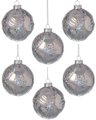 Kurt Adler 3insilver Glitter/sequins Ornaments Set Of 6 In Gray
