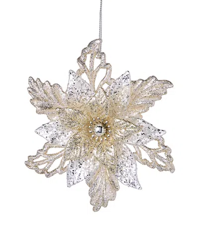 Kurt Adler 5in Poinsetta W/glitter Ornament Set Of 2 In Platinum