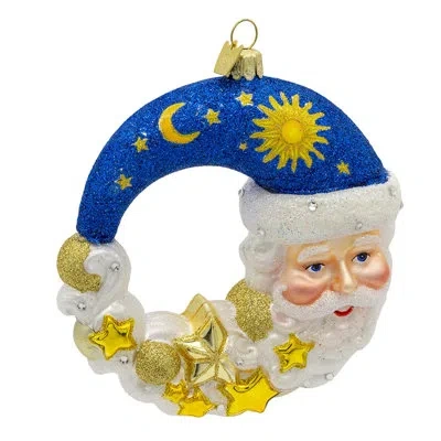Kurt Adler 5-inch Bellissimo Glass Moon Santa Ornament In Blue