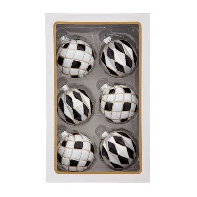 Kurt Adler 80mm Glass Black, White And Gold Checkered Ball Ornaments, 6-piece Box In Black,white,& Gold