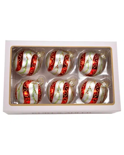 Kurt Adler 80mm Glass Red & White Holly Leaves 6pc Ball Ornament Set