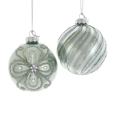 Kurt Adler 80mm Silver And Pale Aqua Embellished Ball Ornaments 6 Piece Set In Green